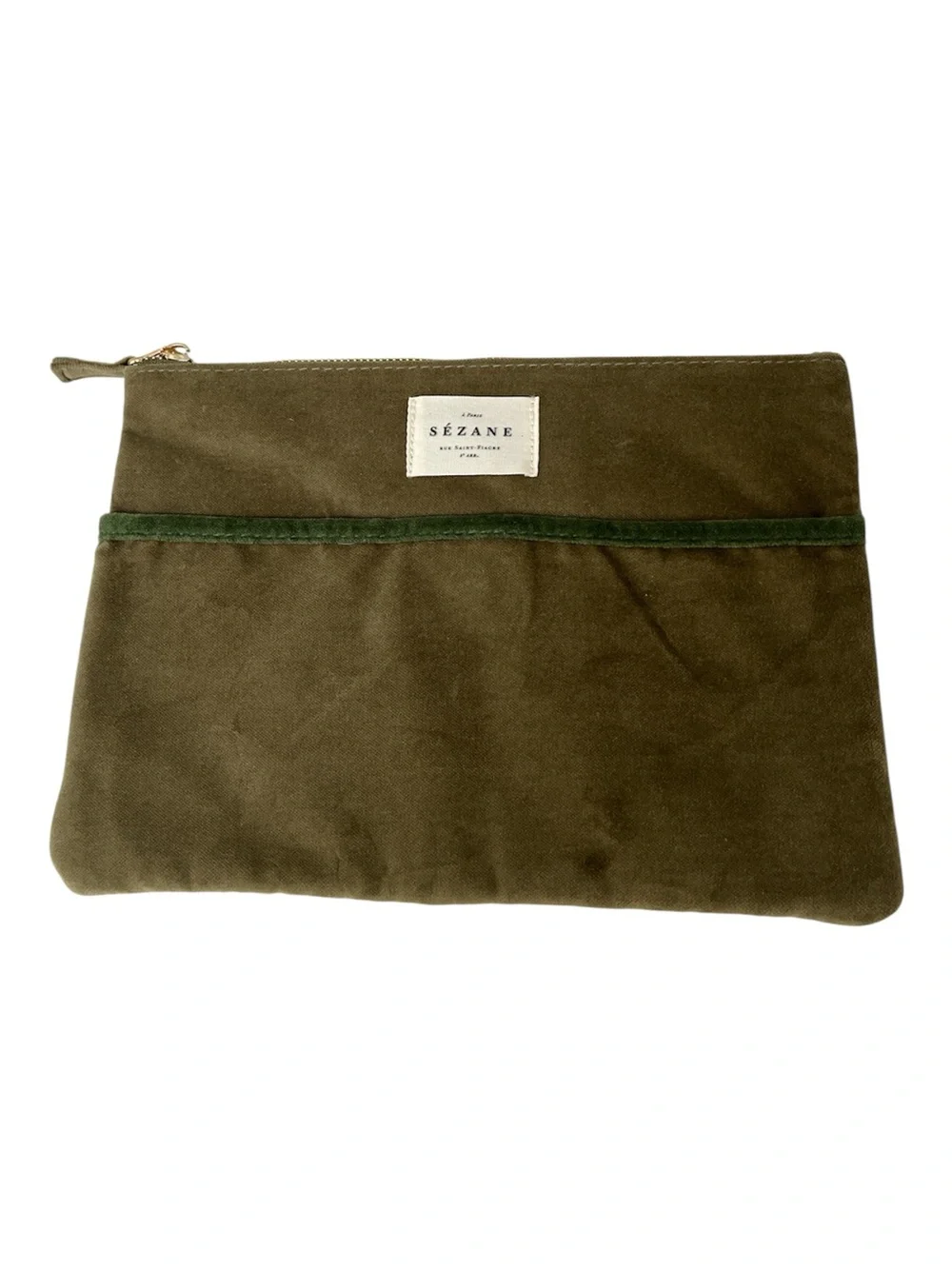 Sezane Olive Green Velvet Cosmetic Pouch with Dark Green Trim